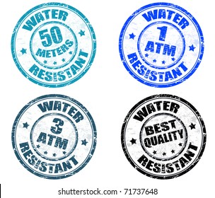 Set of grunge rubber stamps with the text water resistant written inside the stamp