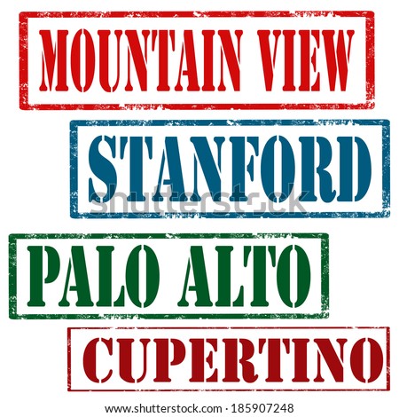 Set of grunge rubber stamps with text Mountain View,Stanford,Palo Alto and Cupertino,vector illustration