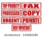 Set of grunge rubber stamps with words fax,copy,urgent,private,processed and top priority,inside,vector illustration