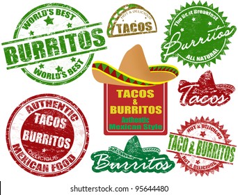 Set of grunge rubber stamps  with  the words tacos and burritos written inside, vector illustration