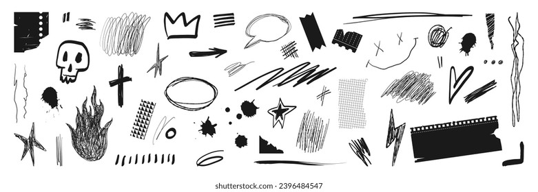 Set of grunge scrawls, pencil drawn scribbles, torn paper sheets, ink stains. Punk aesthetics elements for collage, banner, stickers design. Isolated vector illustration.