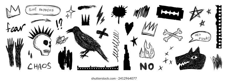 Set of grunge scrawls, pencil drawn scribbles, torn paper sheets, ink stains. Punk aesthetics elements for collage, banner, stickers design. Isolated vector illustration.