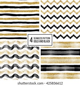 Set of grunge seamless pattern of black gold stripes, waves, zigzag chevron, texture black and golden lines, wavy and zig zag stripes, hand drawn vector pattern for invitation, card, wedding, holiday