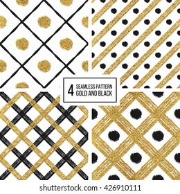 Set of grunge seamless pattern of black and gold diagonal stripes and circle, seamless texture of golden glitter lines and points, hand drawn vector pattern for invitation, card, wedding, paper, web