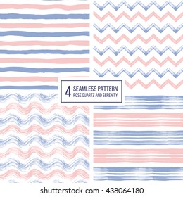 Set of grunge seamless pattern of stripes, waves, zigzag chevron in color 2016 rose quartz and serenity, texture lilac and pink lines, wavy and zig zag stripes, hand drawn vector pattern