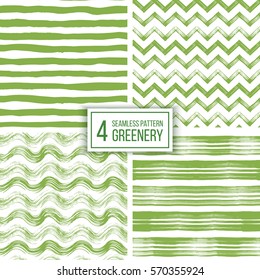 Set of grunge seamless pattern of stripes, waves, zigzag chevron in color 2017 Greenery, texture green lines, wavy and zig zag stripes, hand drawn vector for textile, wallpaper, wrapping, paper