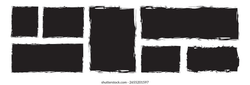 Conjunto de formas Grunge para moldura. Ilustrações vetoriais de Quadrado e retângulo com bordas texturizadas desenhadas com pincel. Grunge post coleção selos, retângulos.