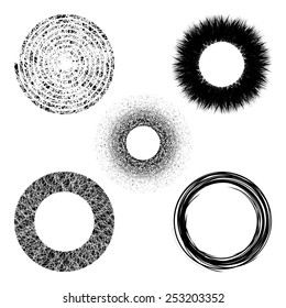 Set of grunge shapes. Hand drawn circles.Vector illustration.Grunge circle frames. Isolated elements for graphic design.Editable template.Black shapes on a white background.
