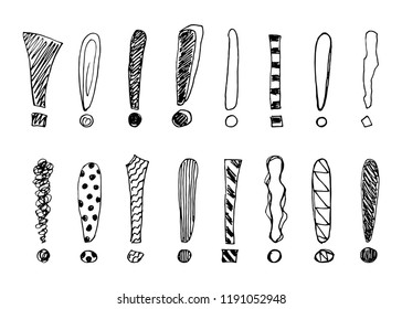 Set of grunge sketch exclamation marks. Vector illustration.