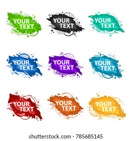 Set grunge splash banners. Vector splatter labels with space for text. Vector frame for text. Element for design flyers, business cards, gift cards, brochures, invitations and more. Grunge splash set.