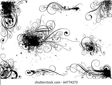 Set of grunge splash ink floral designs