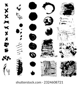 CONJUNTO DE manchas y pinceladas de brochas de diferentes formas y círculos, cruces de líneas, pinceles para banner y creación de texturas vectoriales, así como gotas de sangre