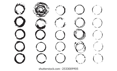 Set of grunge spots in the form of rings, collection rounded brush stroke, dry brush strokes in circle, set of grunge pattern black, brushes of different designs for decoration, grunge elements