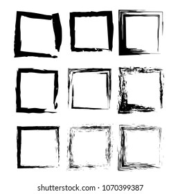 Set of grunge square frames. Collection of black borders.  Vector illustration.