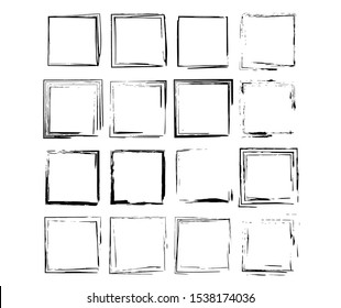 Set of grunge square frames. Collection of black borders. Bundle of elements for collage. Vector illustration.