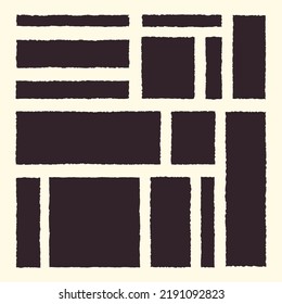 Set of grunge square frames. Empty border background. Hand draws black and white ink. Distress damaged edge vintage template. Brush stroke vector