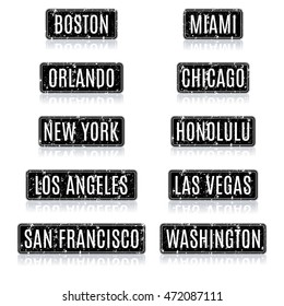 Set grunge square frames with the names of the most visited tourist cities in the USA with a mirror reflection, vector illustration.