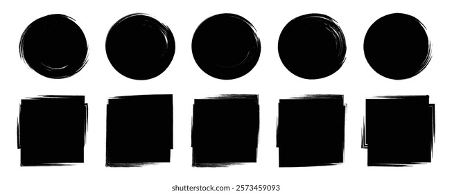 Set of grunge square frames. Paint brush stamp collection. Grunge round shape. Vector trendy illustration.