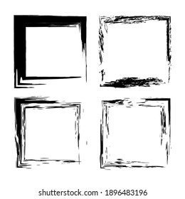 Set of grunge square frames. Trendy design with brush strokes. Isolated on white background. Vector.