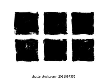 Set of grunge square template backgrounds. Vector black painted squares or rectangular shapes. Hand drawn brush strokes isolated on white. Dirty grunge design frames, borders or templates for text.