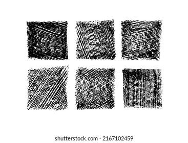 Set of grunge square template backgrounds with texture. Vector black painted squares or rectangular shapes with scribbles. Hand drawn brush strokes isolated on white. Grunge design boxes or templates