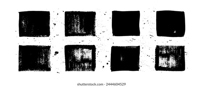 Set of grunge square template backgrounds. Vector black painted squares or rectangular shapes. Hand drawn brush strokes isolated on white. Dirty grunge design frames, borders or templates for text.