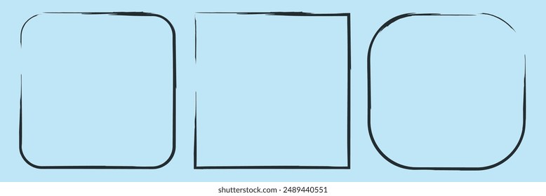 Set of grunge square template backgrounds. Vector black painted squares or rectangular shapes. Hand drawn brush strokes. Dirty grunge design frames, borders or templates for text. Black brush frame.