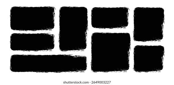  Set of grunge square template backgrounds. Vector black painted squares or rectangular shapes. One color monochrome artistic hand drawn backgrounds square shapes.