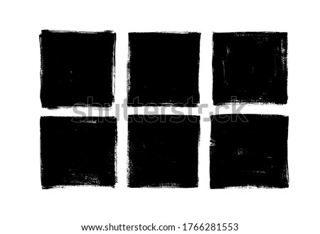 Set of grunge square template backgrounds. Vector black painted squares or rectangular shapes. Hand drawn brush strokes isolated on white. Dirty grunge design frames, borders or templates for text.