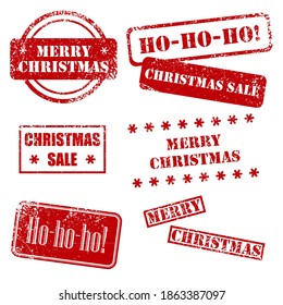 Juego de estampado de grunge con texto Feliz Navidad escrito dentro del sello. Sellos vectoriales de Navidad en fondo blanco