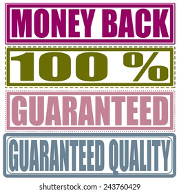 Set Grunge stamp with text Money back, percent, guaranteed, guaranteed quality on vector illustration