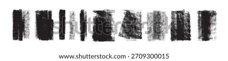 A set of grunge stamp textures, black paint with a roller texture. Vintage dirty rectangular backgrounds, linocut prints, embossed noisy surfaces, vector illustrations on a transparent background.