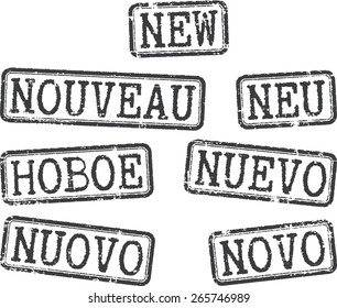 Set of grunge stamps 'New' in different  languages(english, french, german, russian, spanish,italian and portuguese).