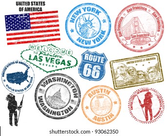 Set of grunge stamps with United States of America, vector illustration