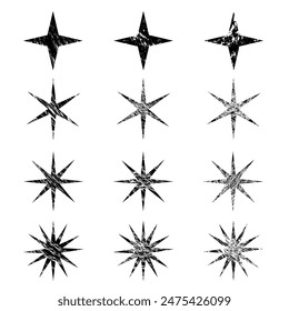 Set of grunge stars - quadrangular black shapes on a white background. Hand drawn vector elements with scratches and scuffs for design. Universal symbols and elements.