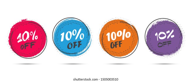 Set of grunge sticker with 10 percent off in a flat design with halftone. For sale, promotion, advertising