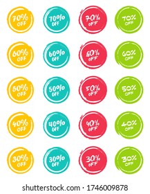 Set of grunge sticker with 30, 40, 50, 60, 70 percent off in a flat design. For sale, promotion, advertising