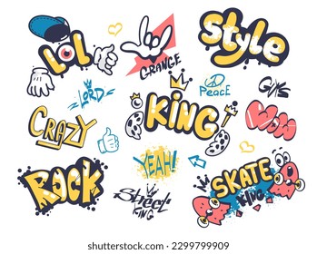 Set of grunge stickers. Abstract street art teenage icons. Urban colorful graffiti elements with drawn letters, fonts, drops and eyes. Cartoon flat vector collection isolated on white background