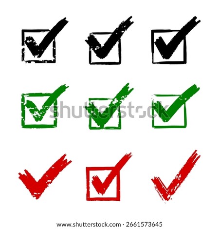 Set of Grunge Style Check Marks in Red Green and Black Colors Icons