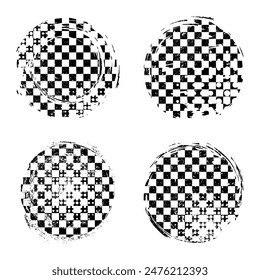 Set of grunge style checkered flag circle symbols