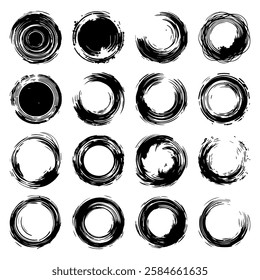 Set of grunge style round stamps. Decorative elements for design on isolated white background.