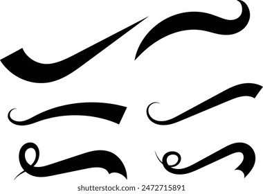 Set of Grunge Swoosh and swash tails. Wavy strokes, dirty curved strokes. Black paint wavy lines, flourish brush stroke. Fancy underline vector, decorative graphic elements eps 10.
 