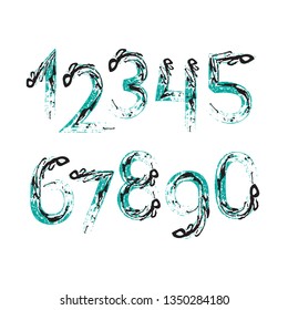 Set of grunge ten numbers isolated on white background. Vector illustration. Design element for posters or booklets. Hand drawn style.
