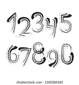 Set of grunge ten numbers isolated on white background. Vector illustration. Design element for posters or booklets. Hand drawn style.