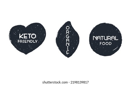Set grunge texture hand drawn shape label of organic food, keto freindly, organic... vector. Concept badge, sticker, label green food. Love shape, leaf shape and round shape hand drawn vector.