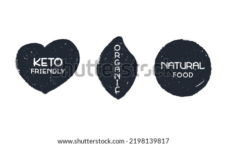 Set grunge texture hand drawn shape label of organic food, keto freindly, organic... vector. Concept badge, sticker, label green food. Love shape, leaf shape and round shape hand drawn vector.