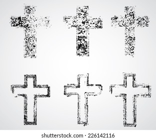 Set of Grunge Textured Crosses in Goth Style. 