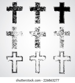 Set of Grunge Textured Crosses in Goth Style. 