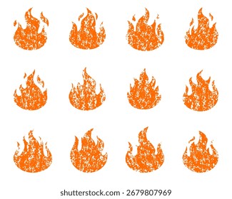 Conjunto de iconos de llama de fuego con textura grunge, Ilustración vectorial angustiada para el calor, la energía, el peligro y el diseño de símbolos calientes.
