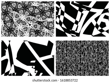 Set of grunge textures. Abstract black and white backgrounds. Collection of dirty spots, scratches, wear and tear